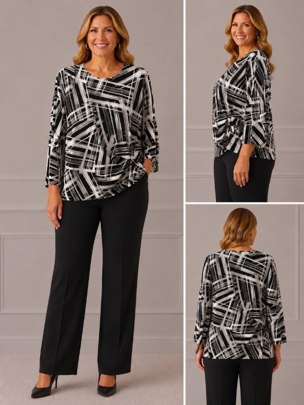 Kasper 3X Black White Abstract Print Tie Waist Long Sleeve Top Plus